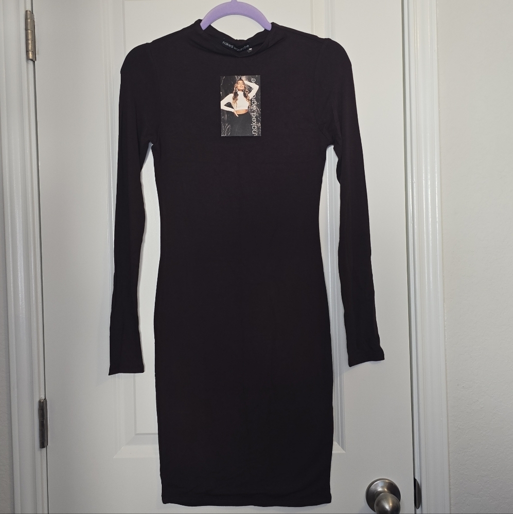 Naked Wardrobe Chocolate Brown Mock Neck Mini Long Sleeve Dress